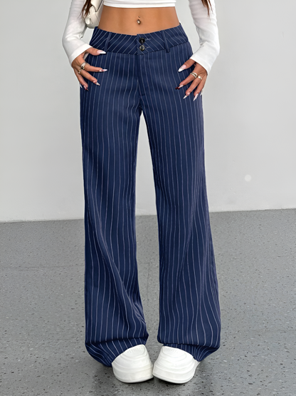 Striped Mid Rise Straight Leg Trousers Pants