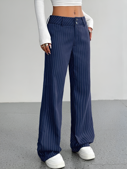 Striped Mid Rise Straight Leg Trousers Pants