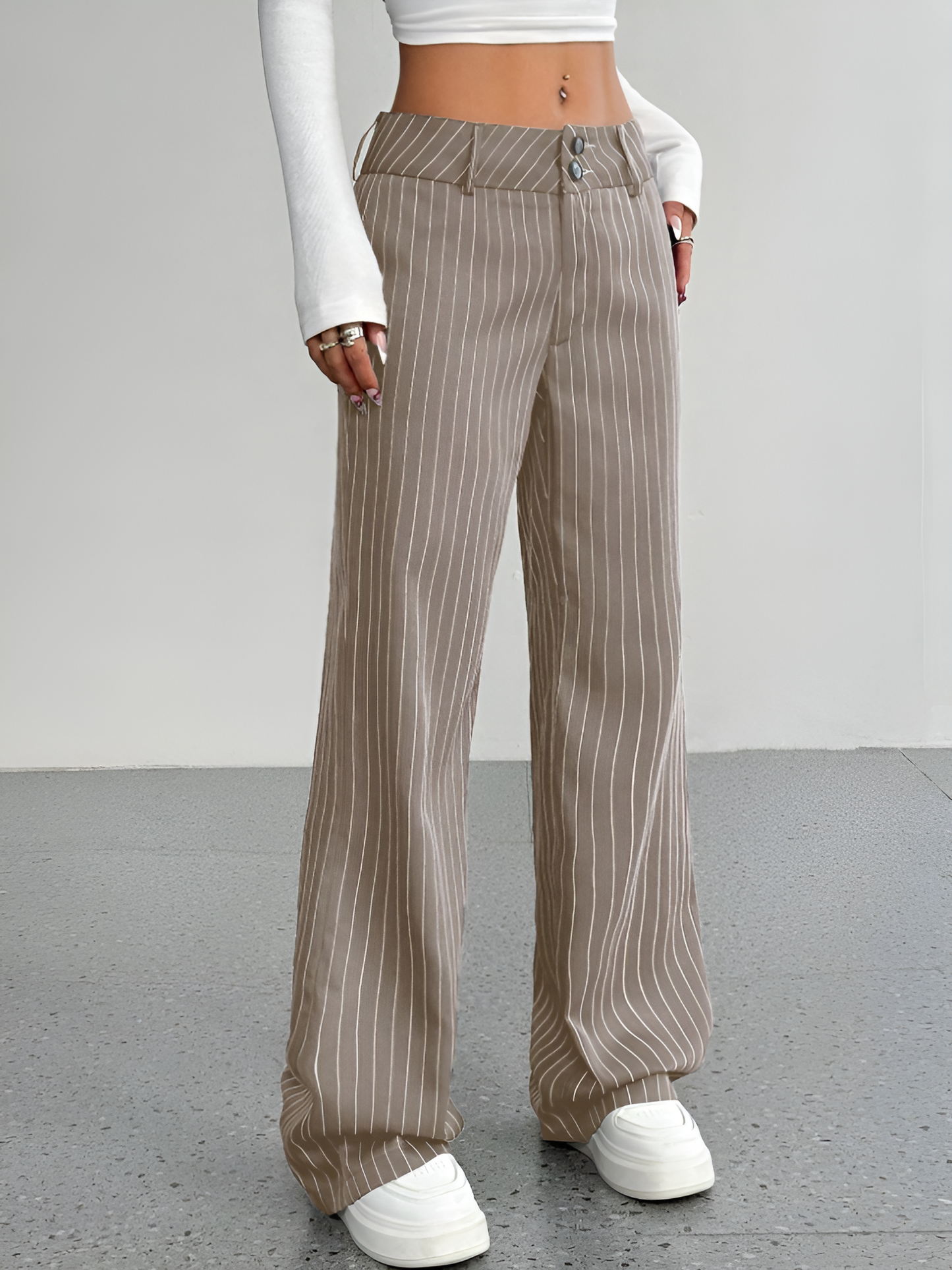 Striped Mid Rise Straight Leg Trousers Pants
