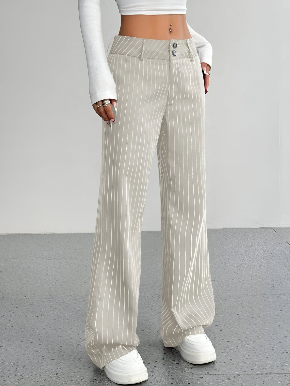 Striped Mid Rise Straight Leg Trousers Pants