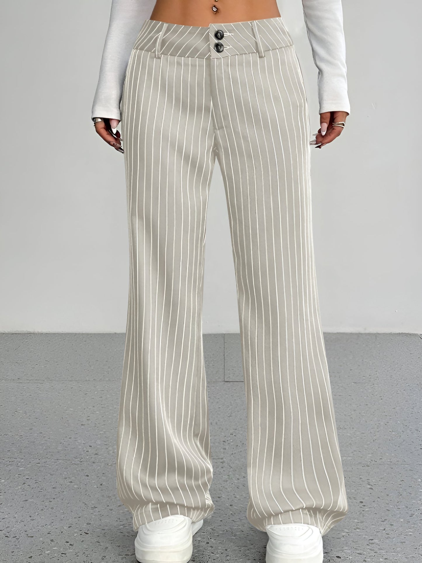 Striped Mid Rise Straight Leg Trousers Pants