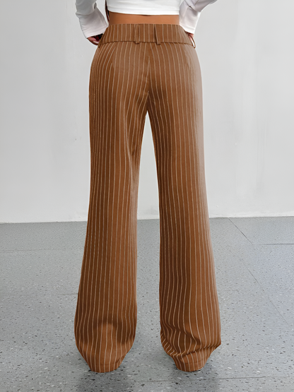 Striped Mid Rise Straight Leg Trousers Pants