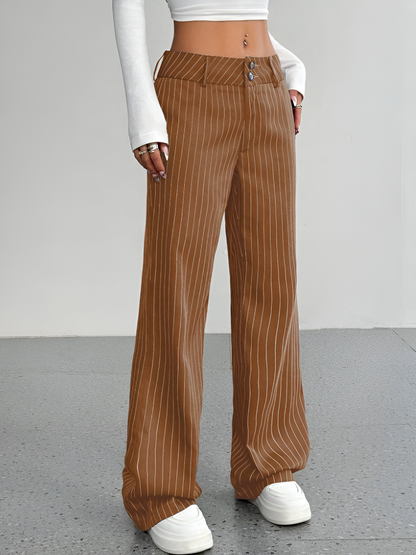 Striped Mid Rise Straight Leg Trousers Pants