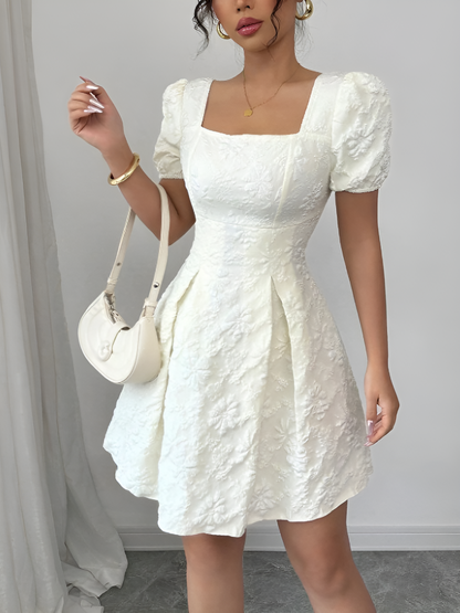 Floral Textured Puff Sleeve Square Neck Dress