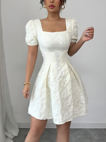 Floral Textured Puff Sleeve Square Neck Dress