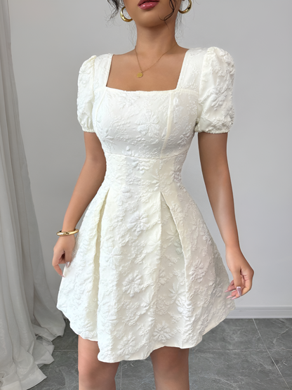 Floral Textured Puff Sleeve Square Neck Dress