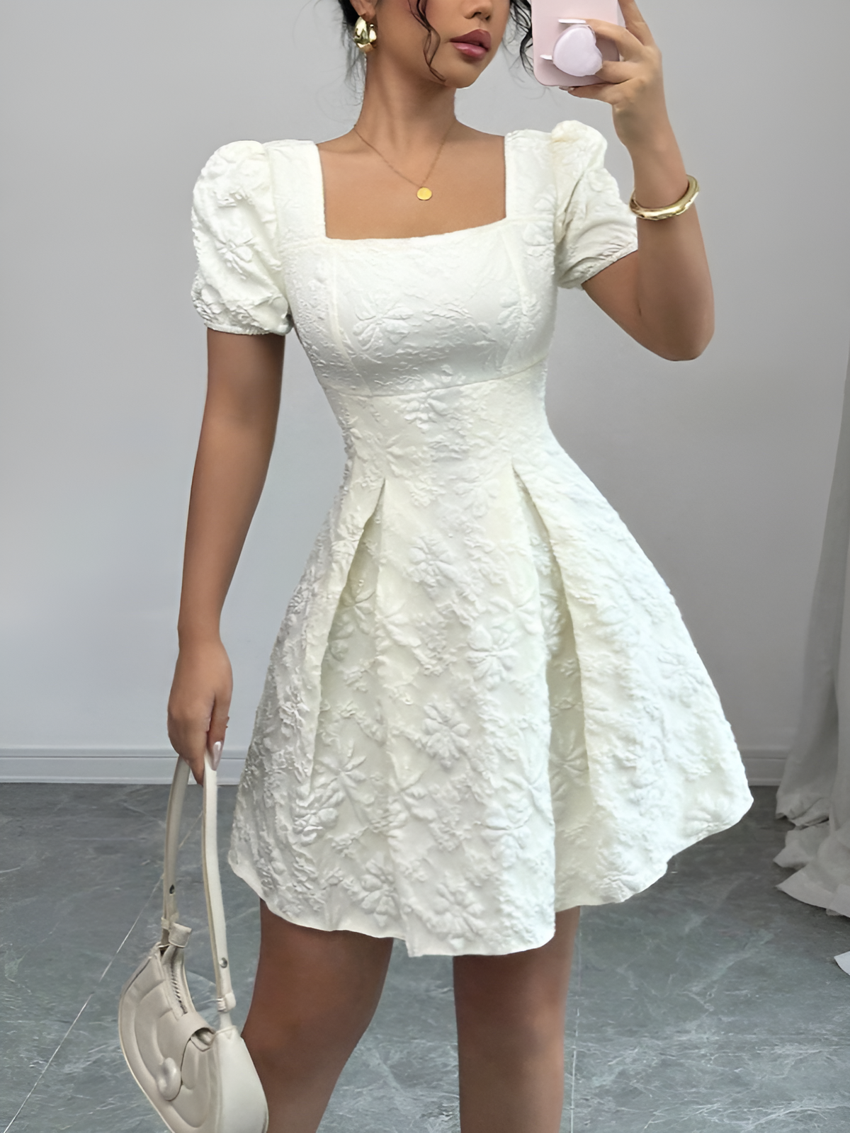 Floral Textured Puff Sleeve Square Neck Dress