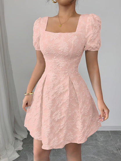 Floral Textured Puff Sleeve Square Neck Dress
