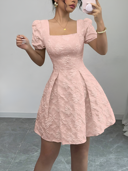 Floral Textured Puff Sleeve Square Neck Dress