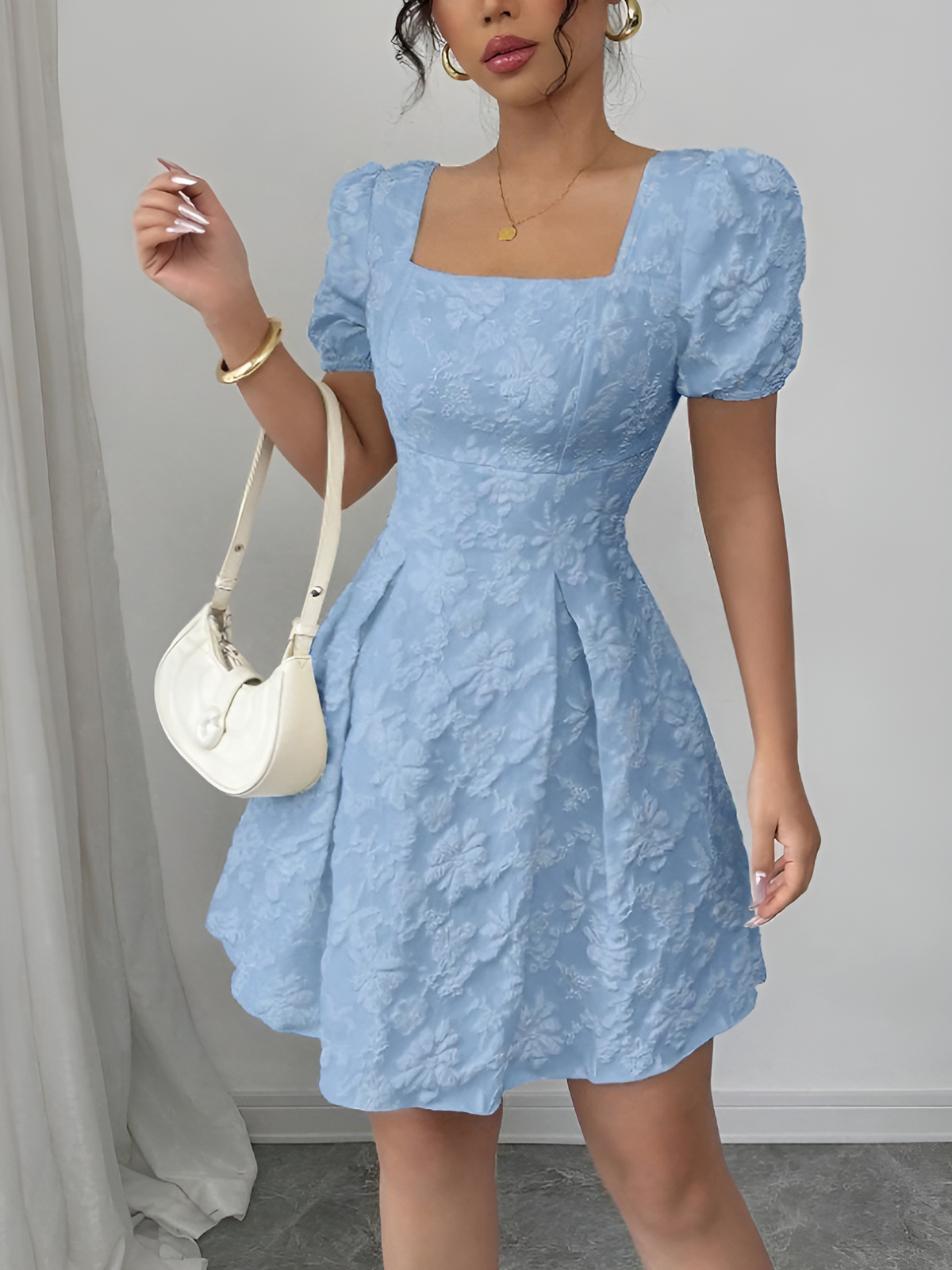 Floral Textured Puff Sleeve Square Neck Dress