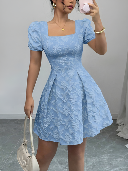 Floral Textured Puff Sleeve Square Neck Dress