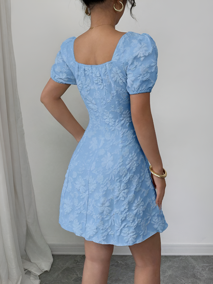 Floral Textured Puff Sleeve Square Neck Dress