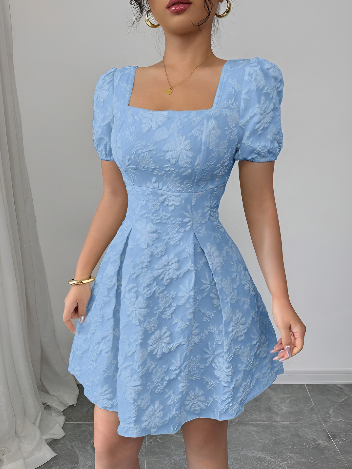 Floral Textured Puff Sleeve Square Neck Dress