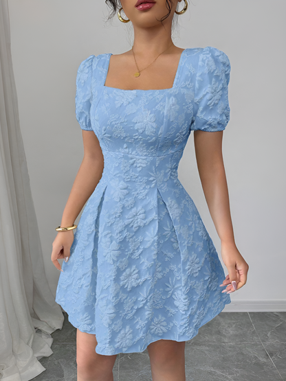 Floral Textured Puff Sleeve Square Neck Dress