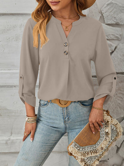 Notch Neck Buttoned Long Sleeves Casual Blouse
