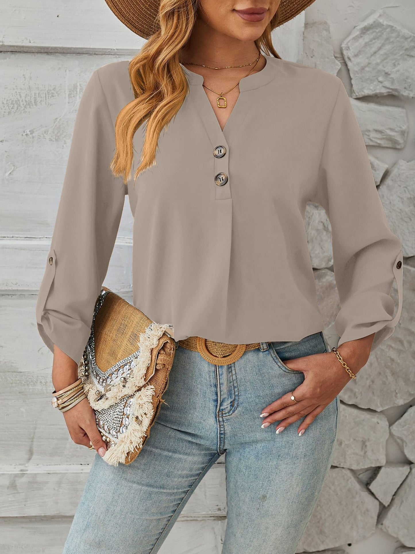 Notch Neck Buttoned Long Sleeves Casual Blouse
