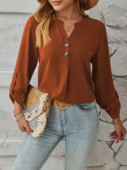 Notch Neck Buttoned Long Sleeves Casual Blouse