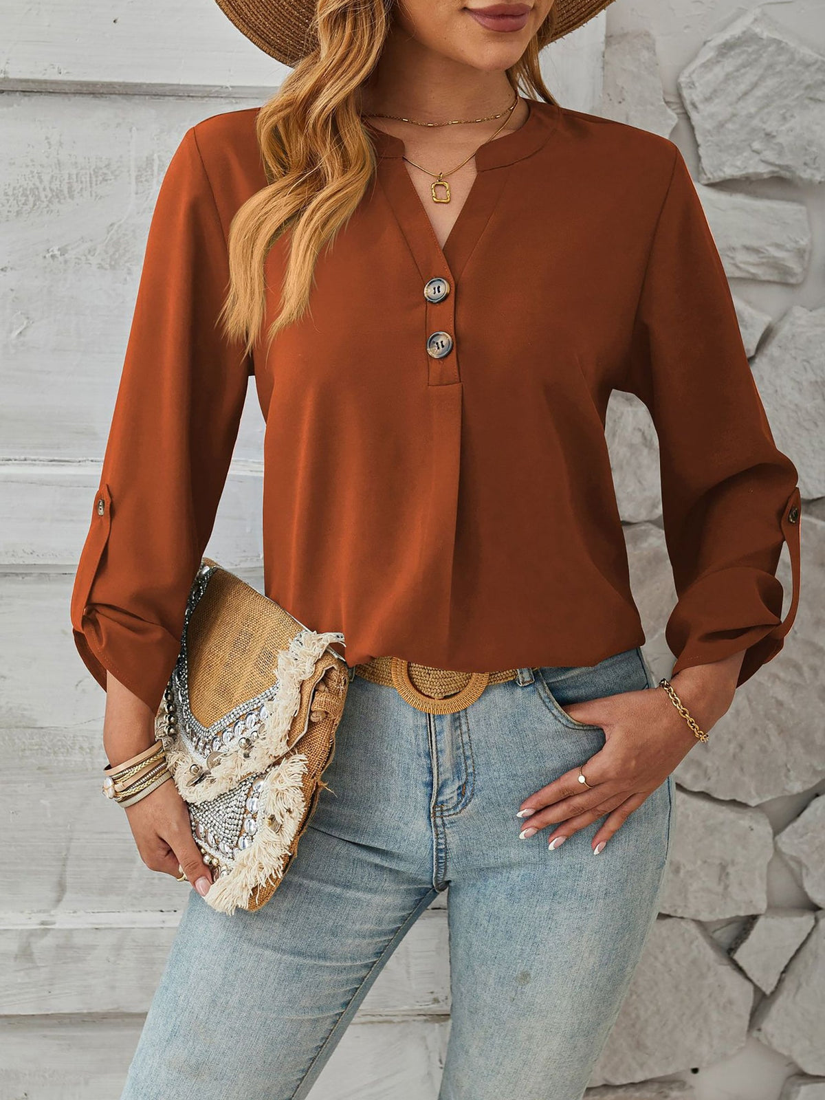 Notch Neck Buttoned Long Sleeves Casual Blouse