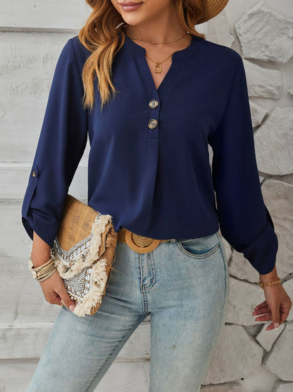 Notch Neck Buttoned Long Sleeves Casual Blouse