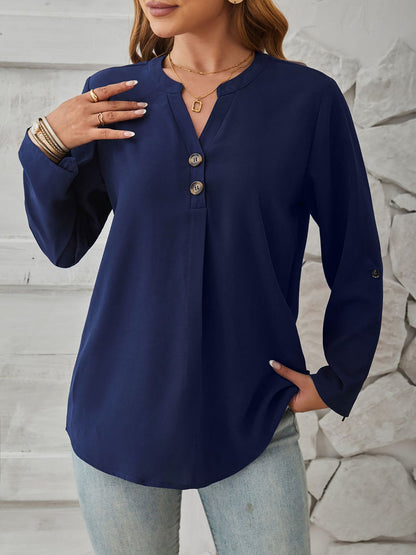 Notch Neck Buttoned Long Sleeves Casual Blouse