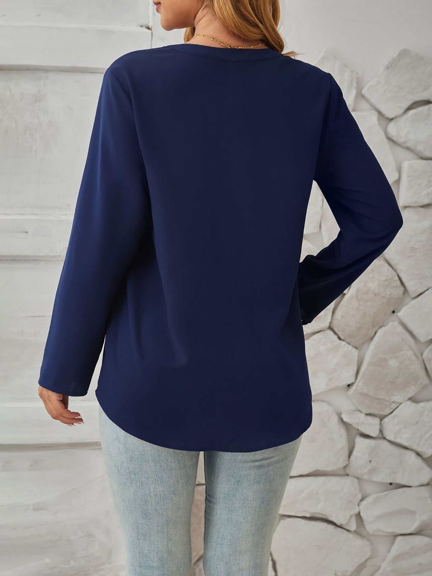 Notch Neck Buttoned Long Sleeves Casual Blouse