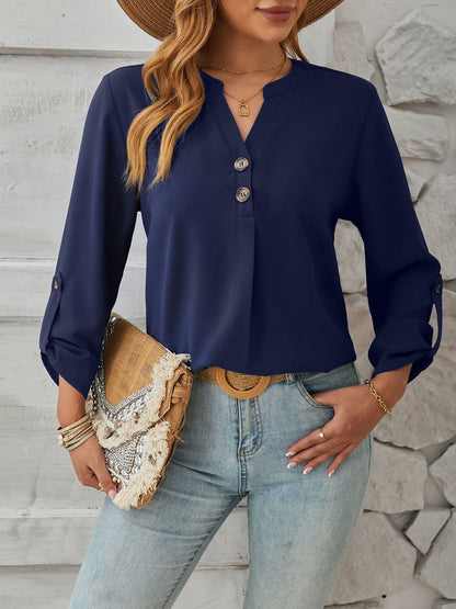 Notch Neck Buttoned Long Sleeves Casual Blouse