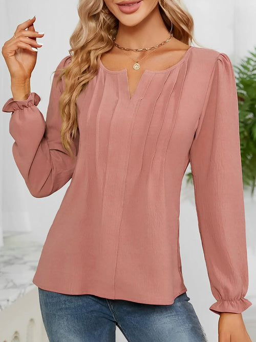 Solid Color Notch Neck Long Sleeves Pleated Blouse