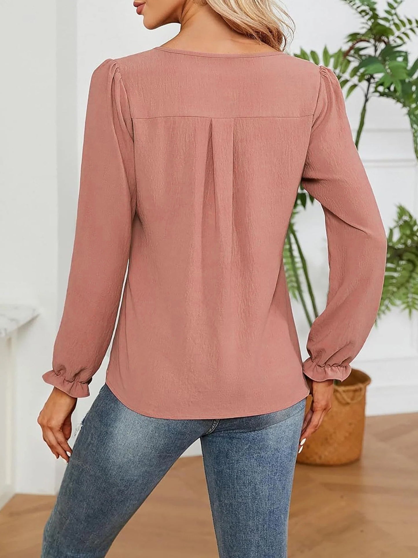 Solid Color Notch Neck Long Sleeves Pleated Blouse