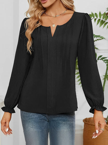 Solid Color Notch Neck Long Sleeves Pleated Blouse