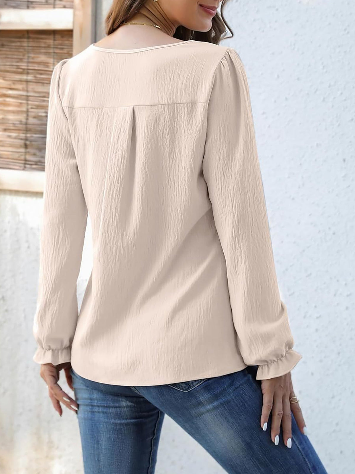 Solid Color Notch Neck Long Sleeves Pleated Blouse