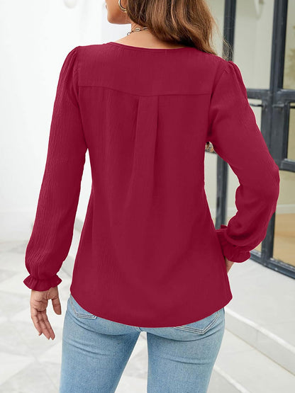 Solid Color Notch Neck Long Sleeves Pleated Blouse