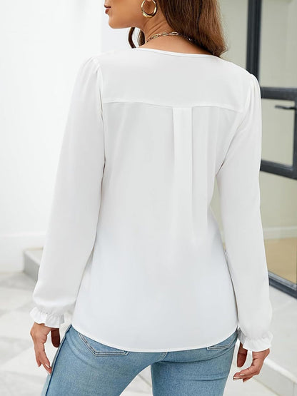 Solid Color Notch Neck Long Sleeves Pleated Blouse