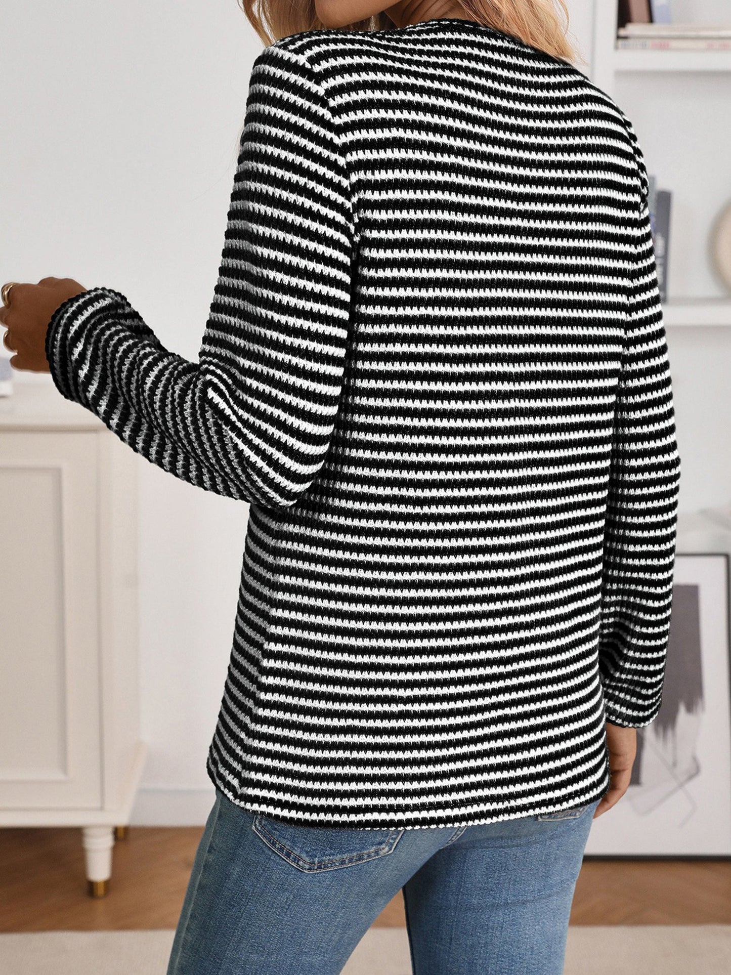 Button Notch Neck Striped Long Sleeves Knit Blouse