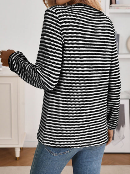 Button Notch Neck Striped Long Sleeves Knit Blouse