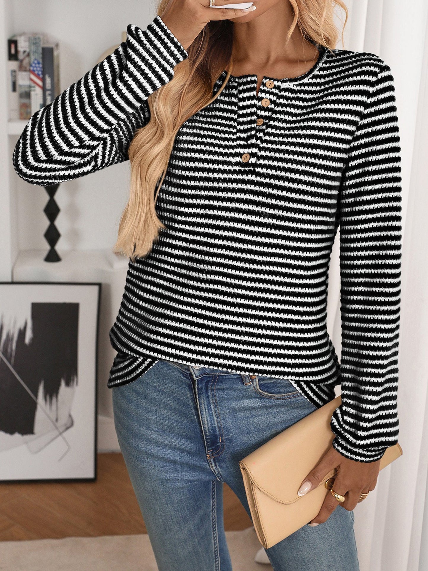 Button Notch Neck Striped Long Sleeves Knit Blouse