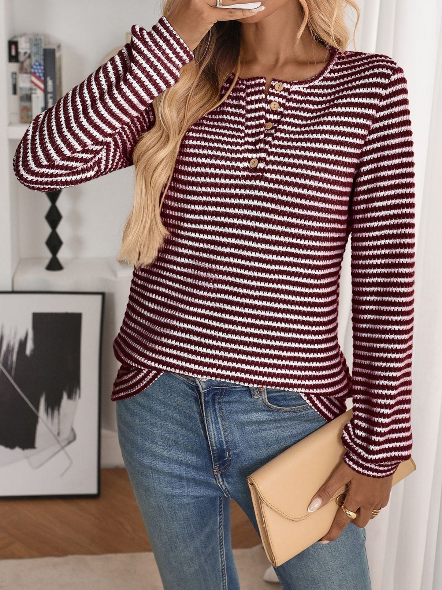 Button Notch Neck Striped Long Sleeves Knit Blouse