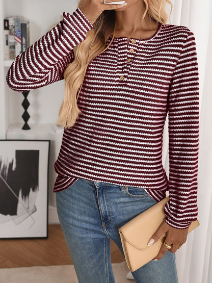 Button Notch Neck Striped Long Sleeves Knit Blouse