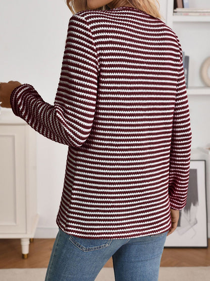 Button Notch Neck Striped Long Sleeves Knit Blouse