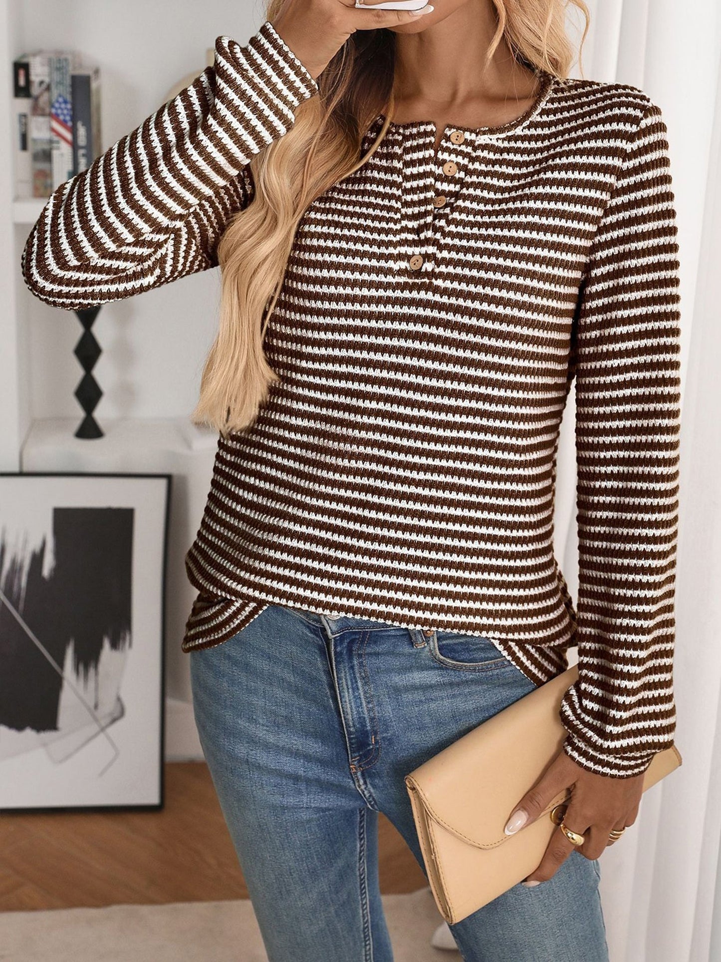 Button Notch Neck Striped Long Sleeves Knit Blouse