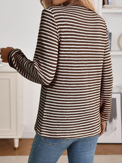 Button Notch Neck Striped Long Sleeves Knit Blouse