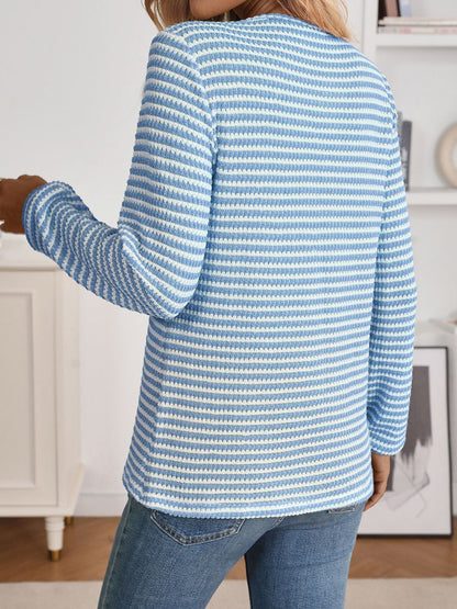 Button Notch Neck Striped Long Sleeves Knit Blouse