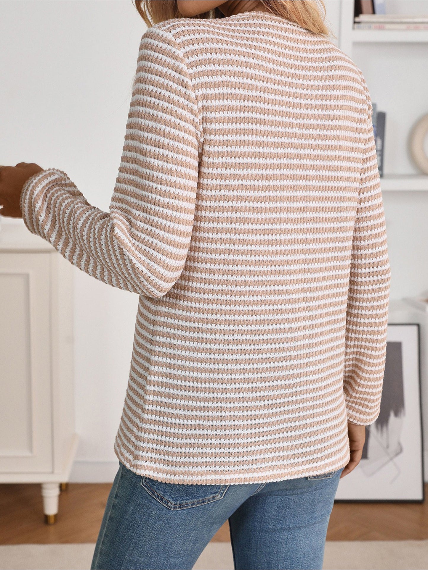 Button Notch Neck Striped Long Sleeves Knit Blouse