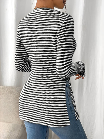 Round Neck Slit Long Sleeve Striped Blouse