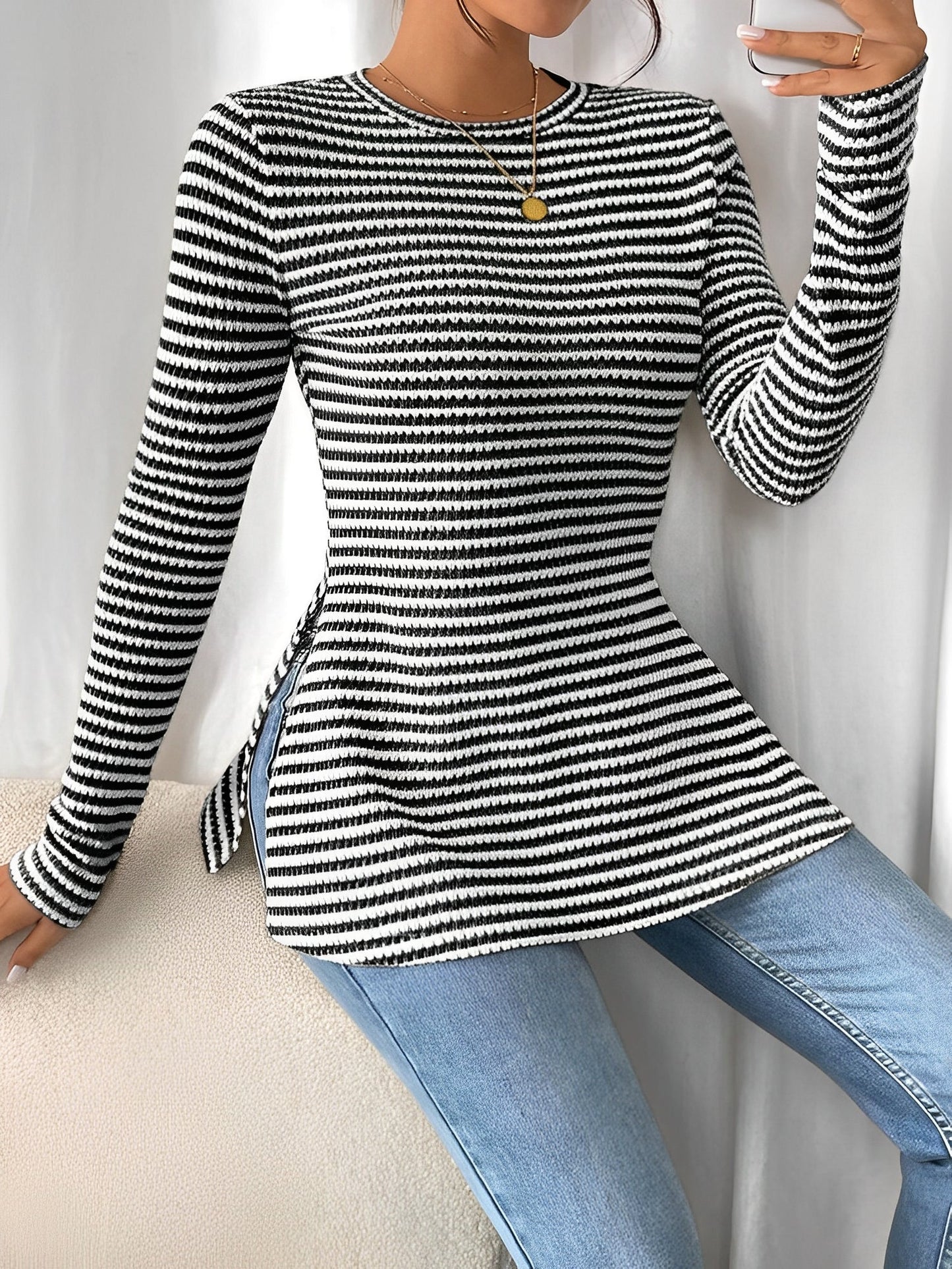 Round Neck Slit Long Sleeve Striped Blouse