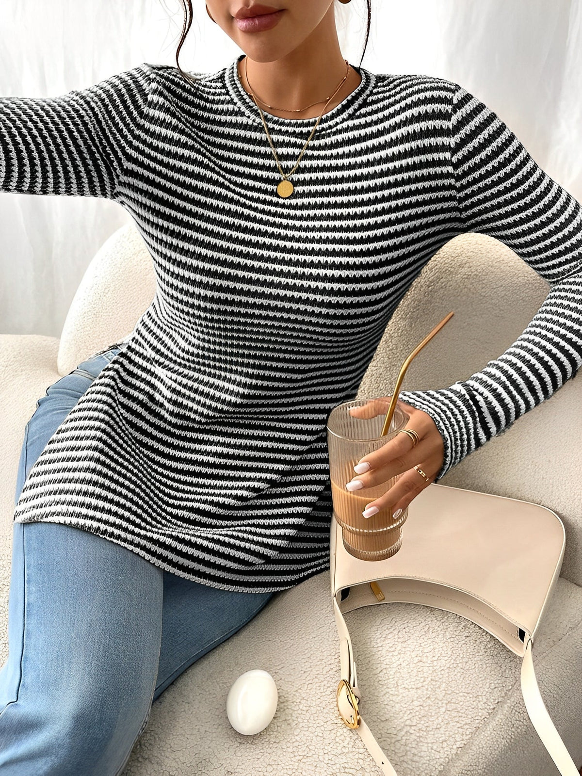 Round Neck Slit Long Sleeve Striped Blouse