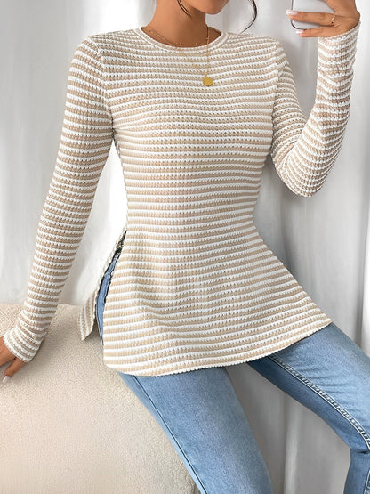 Round Neck Slit Long Sleeve Striped Blouse
