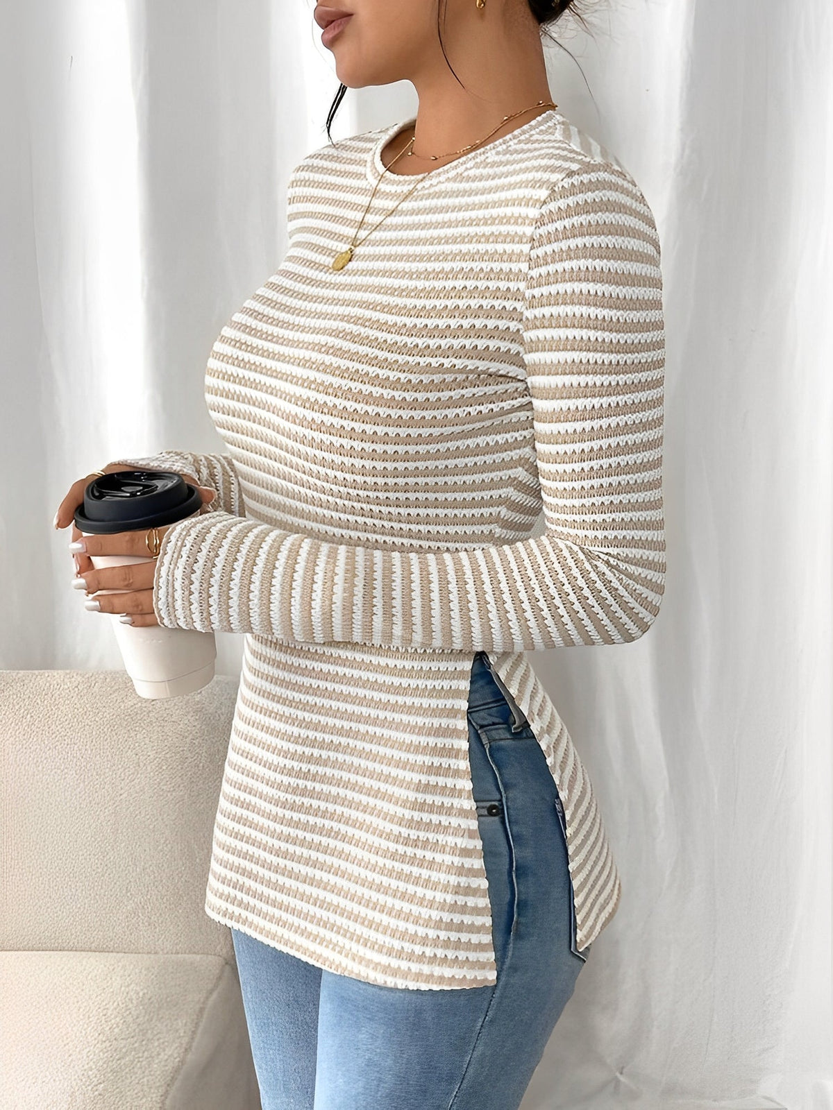 Round Neck Slit Long Sleeve Striped Blouse
