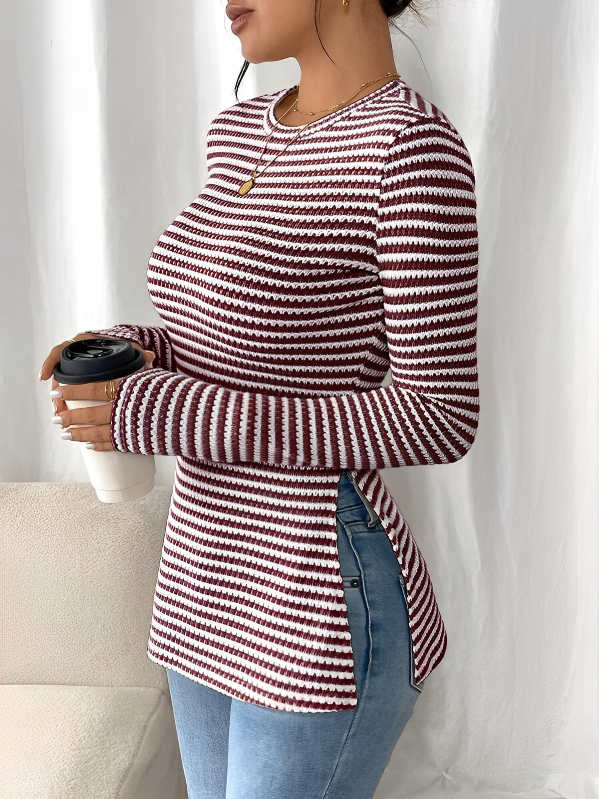 Round Neck Slit Long Sleeve Striped Blouse