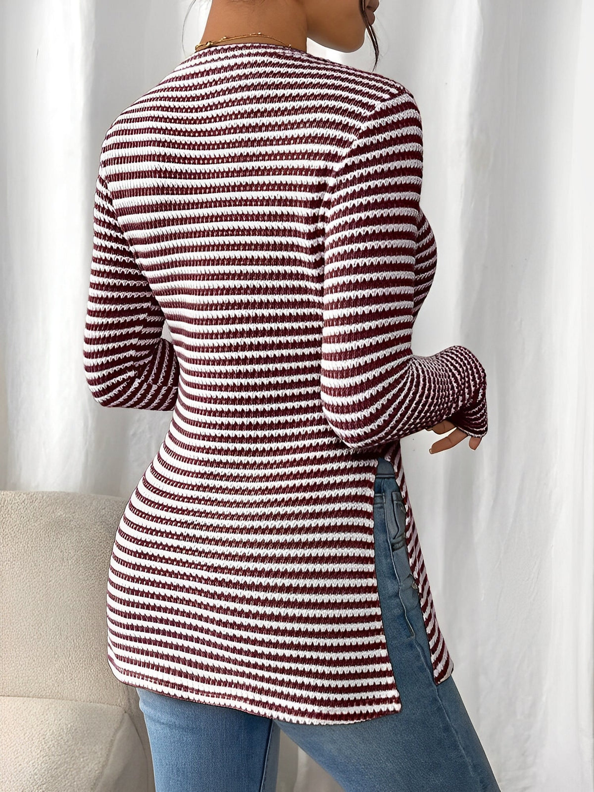 Round Neck Slit Long Sleeve Striped Blouse