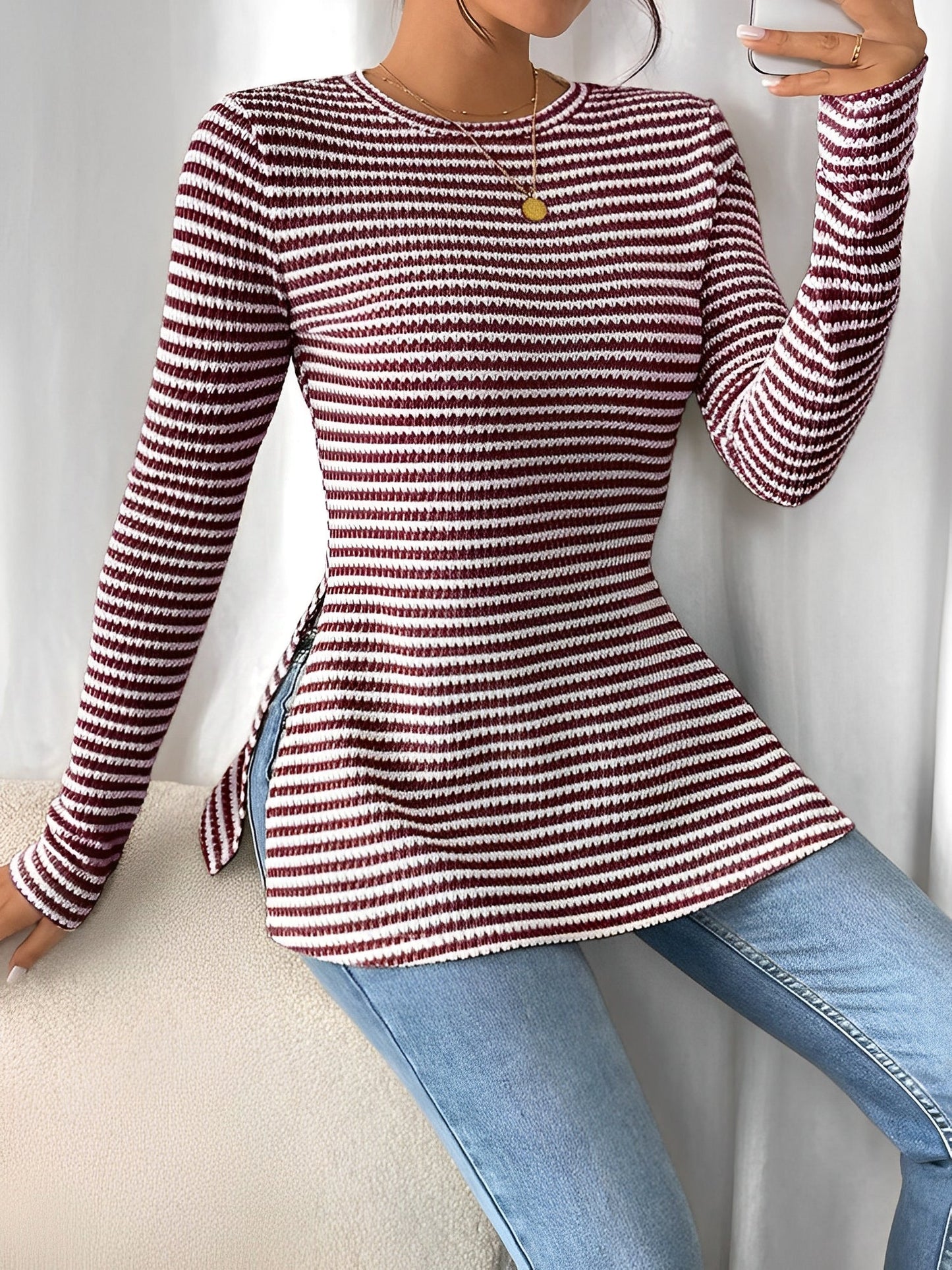 Round Neck Slit Long Sleeve Striped Blouse